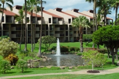 Lanai view to the gardens, ponds and fountains