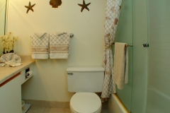 Upgraded master bathroom, tiled vanity top, new tiled shower over tub, flooring and glass door enclosure